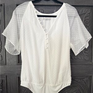Abercrombie white polka dot bodysuit with sheer sleeves